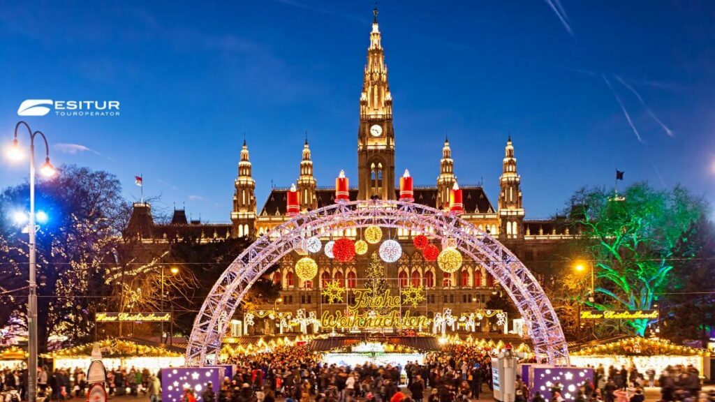 Foto di viaggio organizzato a Vienna con mercatini di Natale, luci invernali e piazza imperiale addobbata per l’Avvento.