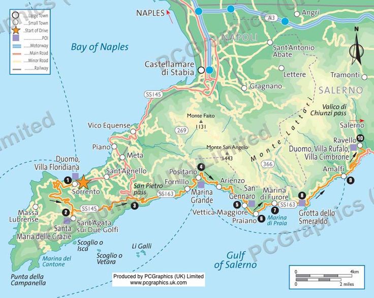 mappa dei principali paesi della costiera amalfitana