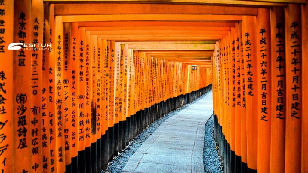 Galleria di torii rossi al santuario Fushimi Inari di Kyoto, viaggio Giappone Highlights con Esitur